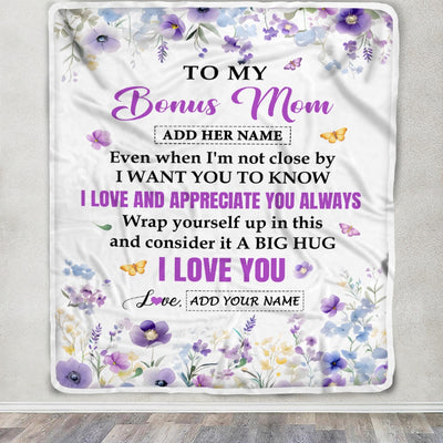 Personalized To My Bonus Mom Gifts From Step Son Daughter Blanket I Love You Purple Floral Birthday Gift Idea For Stepmom Gifts Christmas Custom Fleece Blanket | teecentury