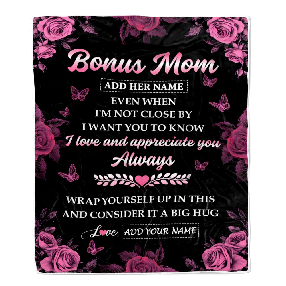 Personalized To My Bonus Mom Gifts From Step Son Daughter Blanket Rose Floral It A Big Hug Birthday Gift Idea For Stepmom Gifts Christmas Custom Fleece Blanket | teecentury