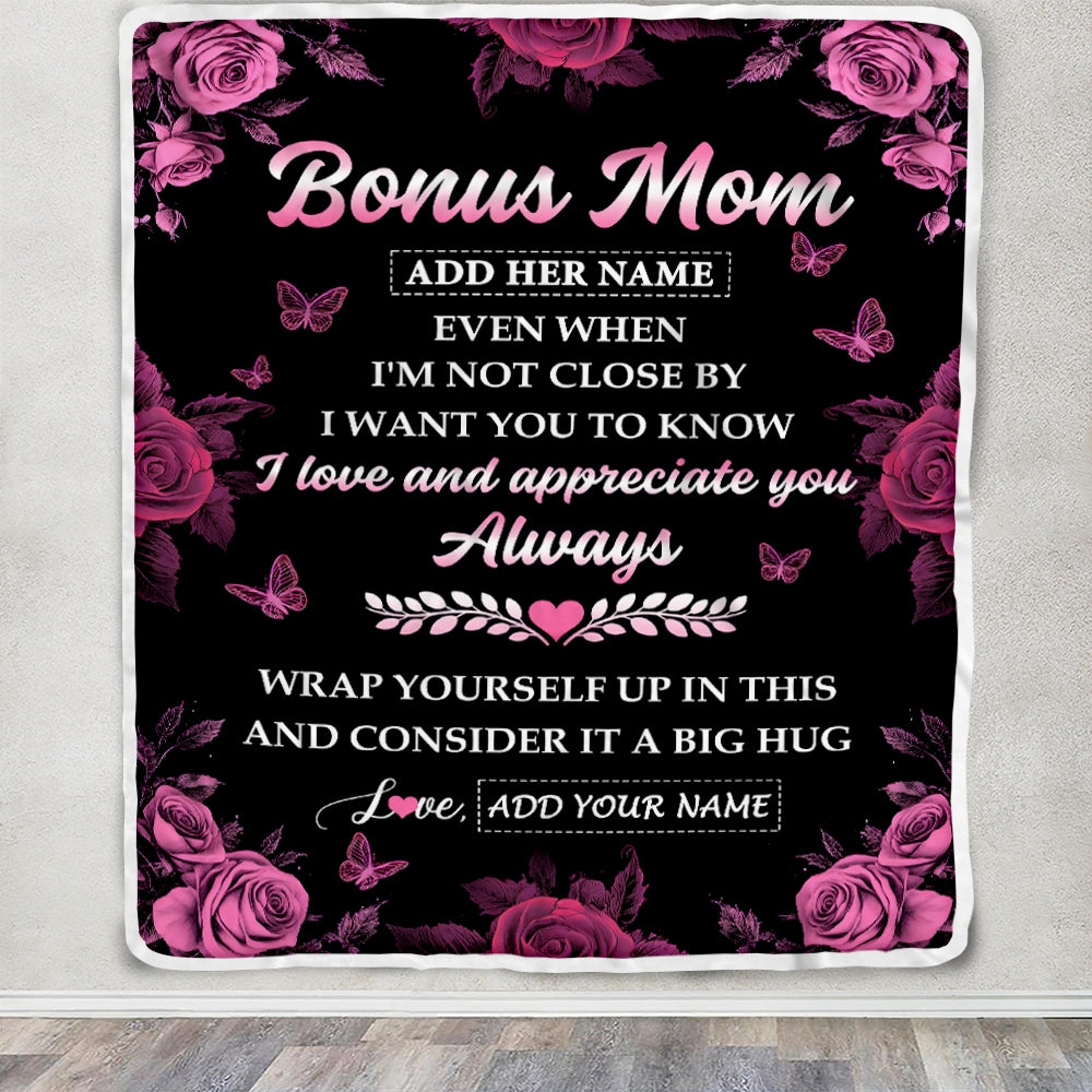Personalized To My Bonus Mom Gifts From Step Son Daughter Blanket Rose Floral It A Big Hug Birthday Gift Idea For Stepmom Gifts Christmas Custom Fleece Blanket | teecentury