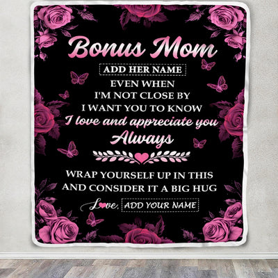 Personalized To My Bonus Mom Gifts From Step Son Daughter Blanket Rose Floral It A Big Hug Birthday Gift Idea For Stepmom Gifts Christmas Custom Fleece Blanket | teecentury