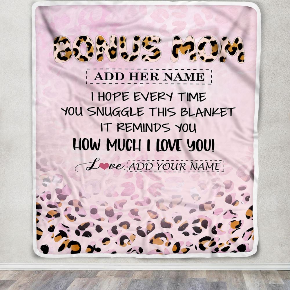 Personalized To My Bonus Mom Gifts From Stepdaughter Blanket Pink Leopard Happy Birthday Gifts For Stepmom Mothers Day Christmas Customized Fleece Blanket | teecentury