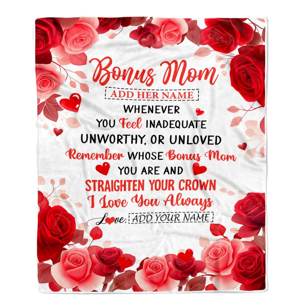 Personalized To My Bonus Mom Gifts From Stepdaughter Blanket Rose Flower Anniversary Birthday Gifts Stepmom Mothers Day Thanksgiving Christmas Fleece Blanket | teecentury