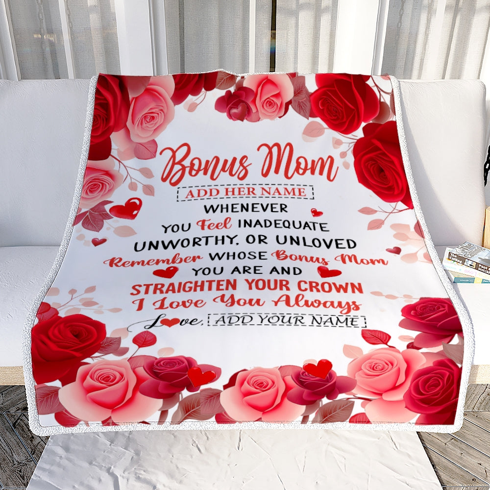 Personalized To My Bonus Mom Gifts From Stepdaughter Blanket Rose Flower Anniversary Birthday Gifts Stepmom Mothers Day Thanksgiving Christmas Fleece Blanket | teecentury