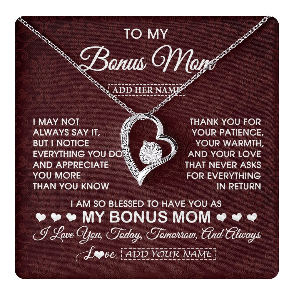 Forever Love Necklace 14K White Gold Finish | 1 | Personalized To My Bonus Mom Gifts From Stepdaughter Necklace Meaningful Jewelry Pendant Gifts For Stepmom Mothers Day Birthday Christmas Gift Box Message Card | https://teecentury.