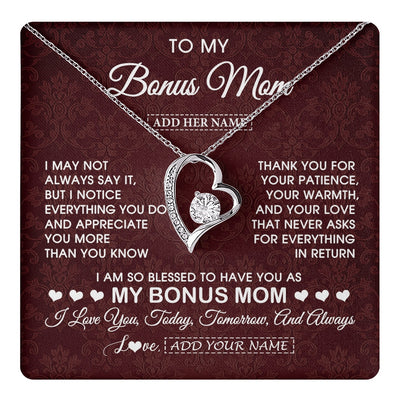 Forever Love Necklace 14K White Gold Finish | 1 | Personalized To My Bonus Mom Gifts From Stepdaughter Necklace Meaningful Jewelry Pendant Gifts For Stepmom Mothers Day Birthday Christmas Gift Box Message Card | https://teecentury.