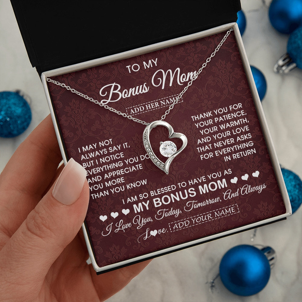 Forever Love Necklace 14K White Gold Finish | 2 | Personalized To My Bonus Mom Gifts From Stepdaughter Necklace Meaningful Jewelry Pendant Gifts For Stepmom Mothers Day Birthday Christmas Gift Box Message Card | https://teecentury.