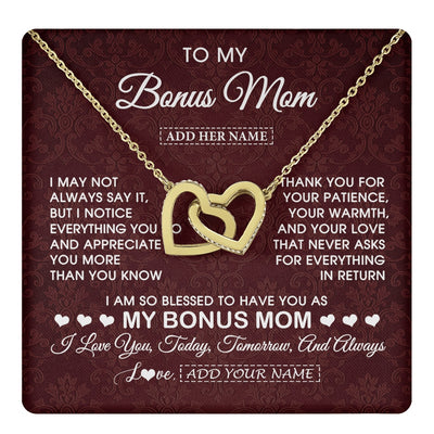 Interlocking Hearts Necklace 18K Yellow Gold Finish | 1 | Personalized To My Bonus Mom Gifts From Stepdaughter Necklace Meaningful Jewelry Pendant Gifts For Stepmom Mothers Day Birthday Christmas Gift Box Message Card | https://teecentury.