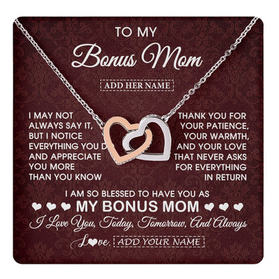 Interlocking Hearts Necklace Stainless Steel & Rose Gold Finish | 1 | Personalized To My Bonus Mom Gifts From Stepdaughter Necklace Meaningful Jewelry Pendant Gifts For Stepmom Mothers Day Birthday Christmas Gift Box Message Card | https://teecentury.