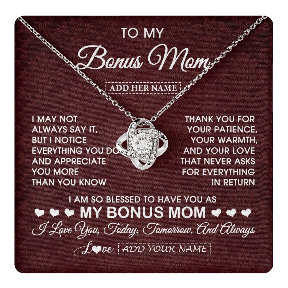 Love Knot Necklace 14K White Gold Finish | 1 | Personalized To My Bonus Mom Gifts From Stepdaughter Necklace Meaningful Jewelry Pendant Gifts For Stepmom Mothers Day Birthday Christmas Gift Box Message Card | https://teecentury.
