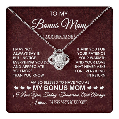 Love Knot Necklace 14K White Gold Finish | 1 | Personalized To My Bonus Mom Gifts From Stepdaughter Necklace Meaningful Jewelry Pendant Gifts For Stepmom Mothers Day Birthday Christmas Gift Box Message Card | https://teecentury.