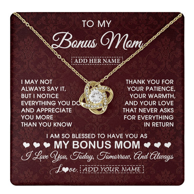 Love Knot Necklace 18K Yellow Gold Finish | 1 | Personalized To My Bonus Mom Gifts From Stepdaughter Necklace Meaningful Jewelry Pendant Gifts For Stepmom Mothers Day Birthday Christmas Gift Box Message Card | https://teecentury.