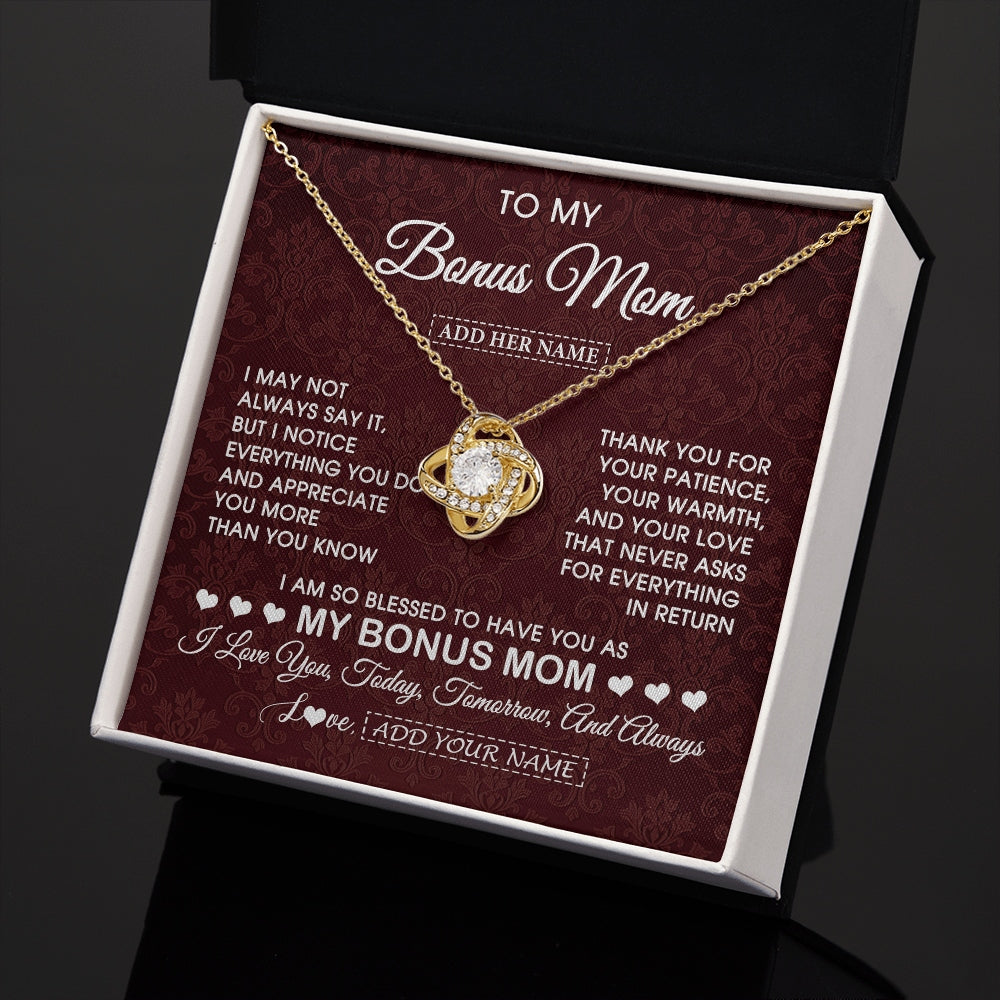 Love Knot Necklace 18K Yellow Gold Finish | 2 | Personalized To My Bonus Mom Gifts From Stepdaughter Necklace Meaningful Jewelry Pendant Gifts For Stepmom Mothers Day Birthday Christmas Gift Box Message Card | https://teecentury.