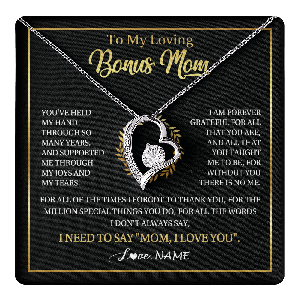 Forever Love Necklace 14K White Gold Finish | 1 | Personalized To My Bonus Mom Gifts Necklace From Stepdaughter Stepson Grateful Thank You Stepmom Birthday Gifts Mothers Day Christmas Gift Box Message Card | teecentury