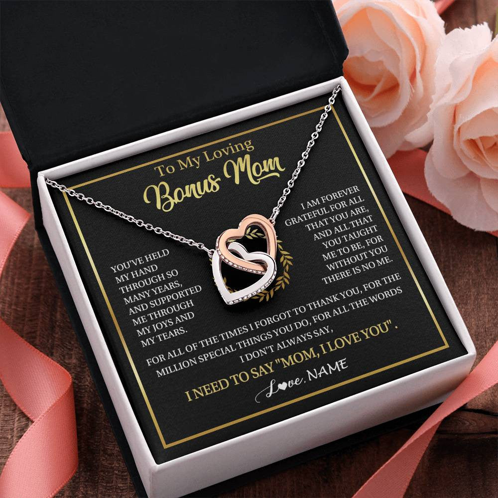 Interlocking Hearts Necklace Stainless Steel & Rose Gold Finish | 2 | Personalized To My Bonus Mom Gifts Necklace From Stepdaughter Stepson Grateful Thank You Stepmom Birthday Gifts Mothers Day Christmas Gift Box Message Card | teecentury