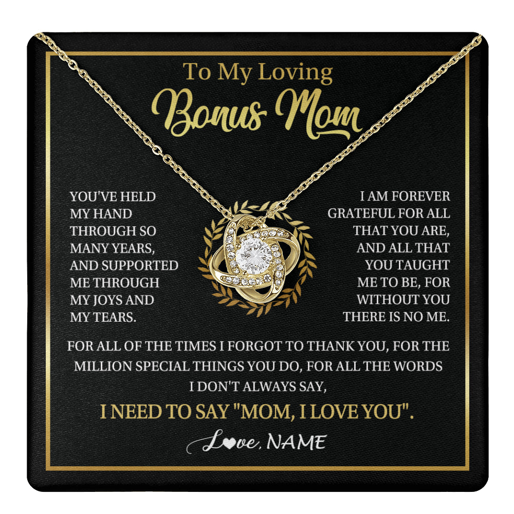 Love Knot Necklace 18K Yellow Gold Finish | 1 | Personalized To My Bonus Mom Gifts Necklace From Stepdaughter Stepson Grateful Thank You Stepmom Birthday Gifts Mothers Day Christmas Gift Box Message Card | teecentury