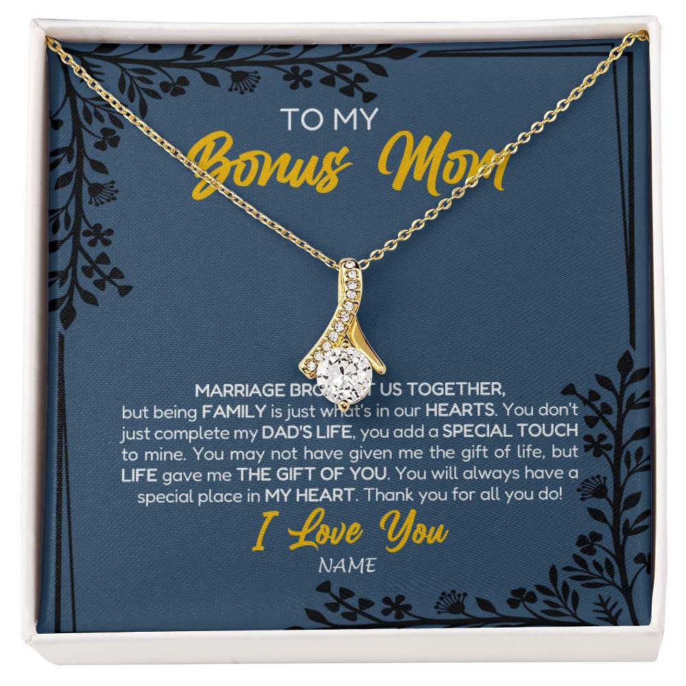 Alluring Beauty Necklace 18K Yellow Gold Finish | Personalized To My Bonus Mom Necklace From Daughter Stepmom Jewelry Birthday Mothers Day Christmas Customized Box Message Card | teecentury