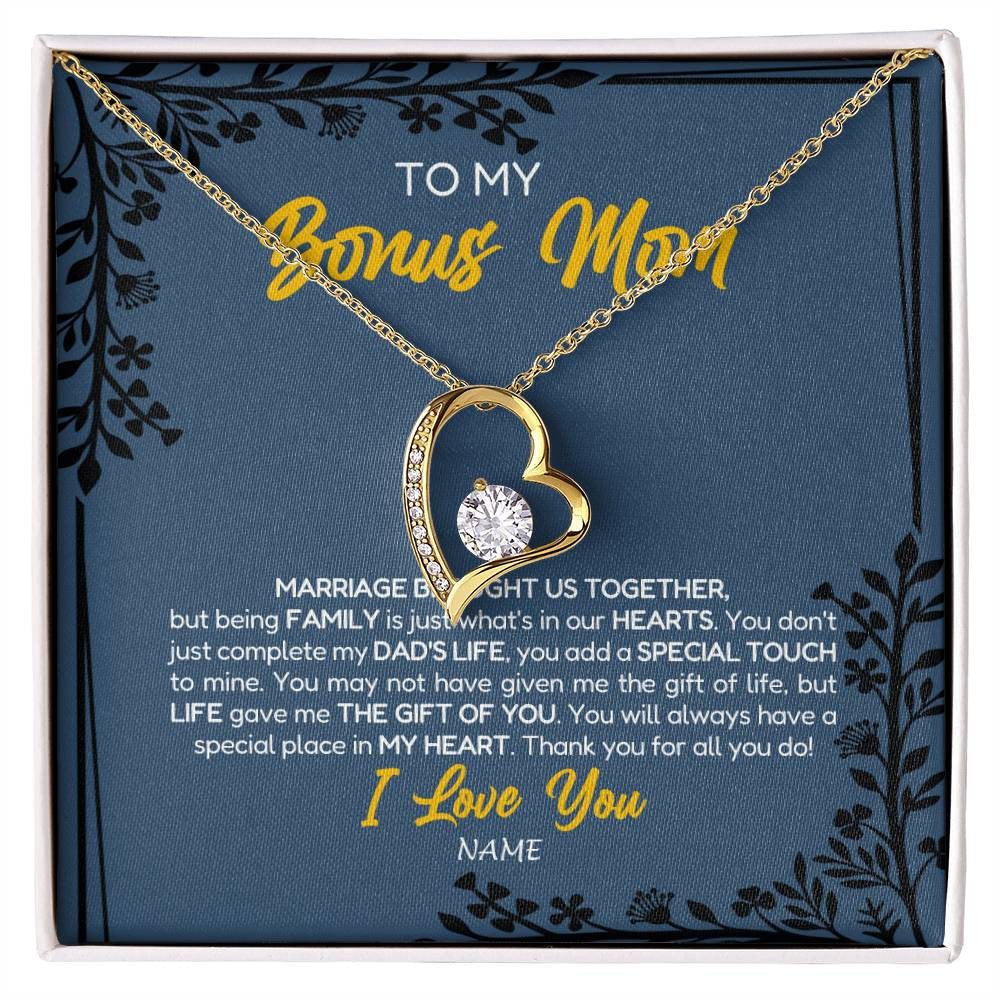 Forever Love Necklace 18K Yellow Gold Finish | Personalized To My Bonus Mom Necklace From Daughter Stepmom Jewelry Birthday Mothers Day Christmas Customized Box Message Card | teecentury