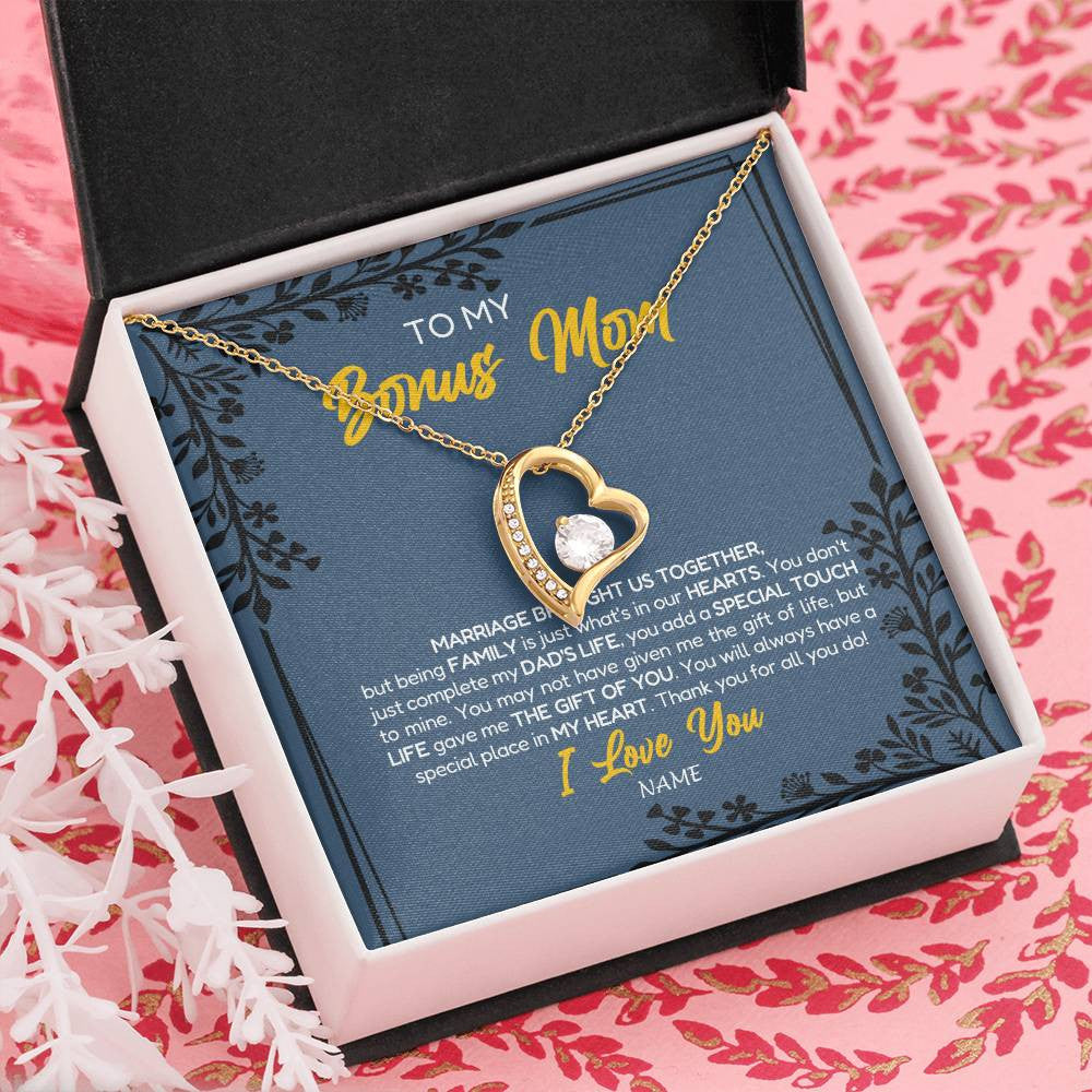 Forever Love Necklace 18K Yellow Gold Finish | Personalized To My Bonus Mom Necklace From Daughter Stepmom Jewelry Birthday Mothers Day Christmas Customized Box Message Card | teecentury