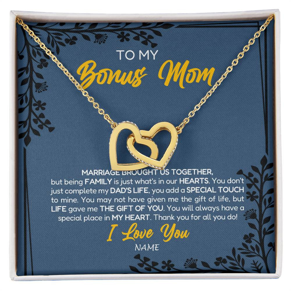 Interlocking Hearts Necklace 18K Yellow Gold Finish | Personalized To My Bonus Mom Necklace From Daughter Stepmom Jewelry Birthday Mothers Day Christmas Customized Box Message Card | teecentury