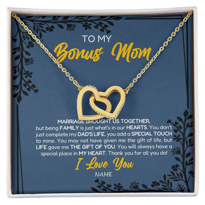 Interlocking Hearts Necklace 18K Yellow Gold Finish | Personalized To My Bonus Mom Necklace From Daughter Stepmom Jewelry Birthday Mothers Day Christmas Customized Box Message Card | teecentury