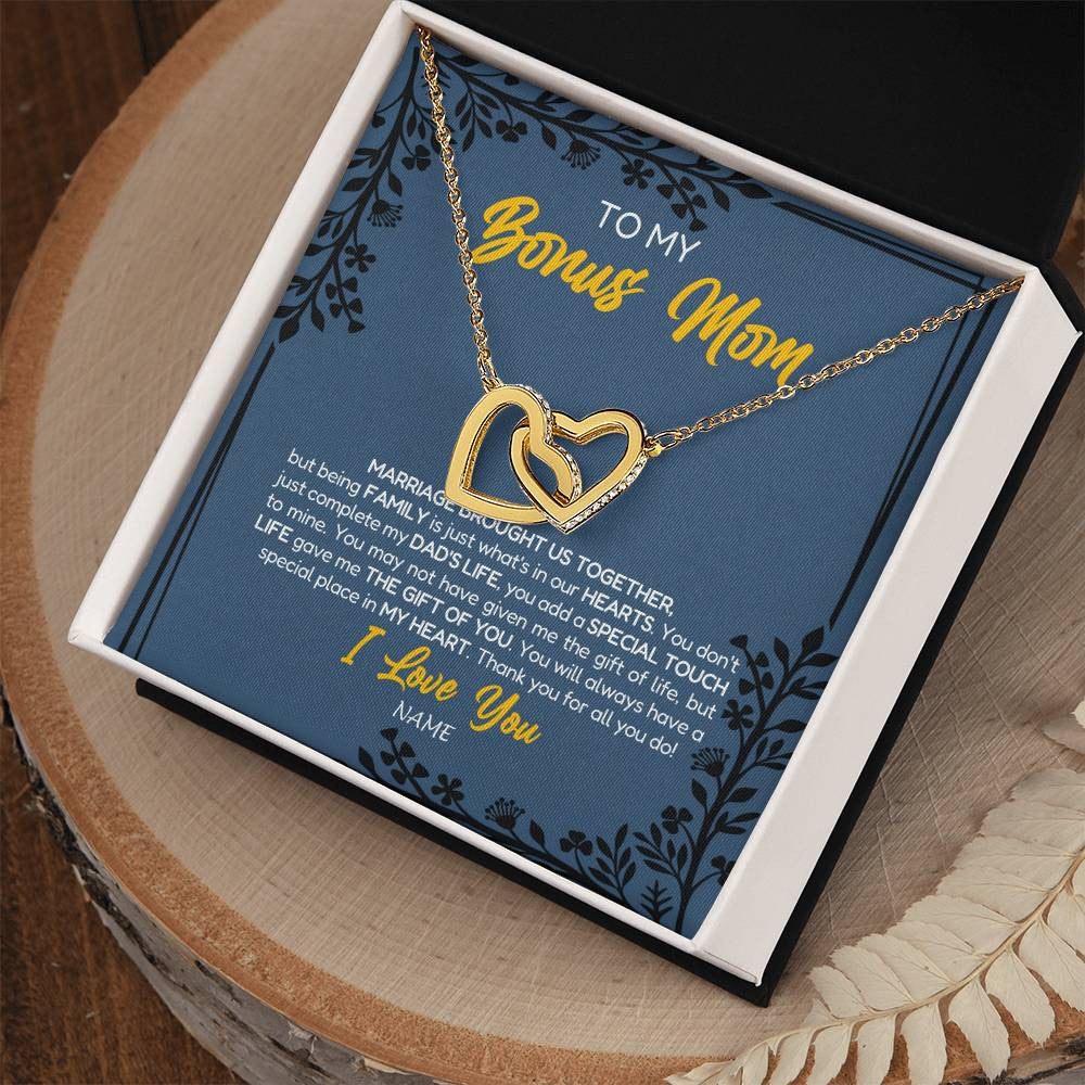 Interlocking Hearts Necklace 18K Yellow Gold Finish | Personalized To My Bonus Mom Necklace From Daughter Stepmom Jewelry Birthday Mothers Day Christmas Customized Box Message Card | teecentury