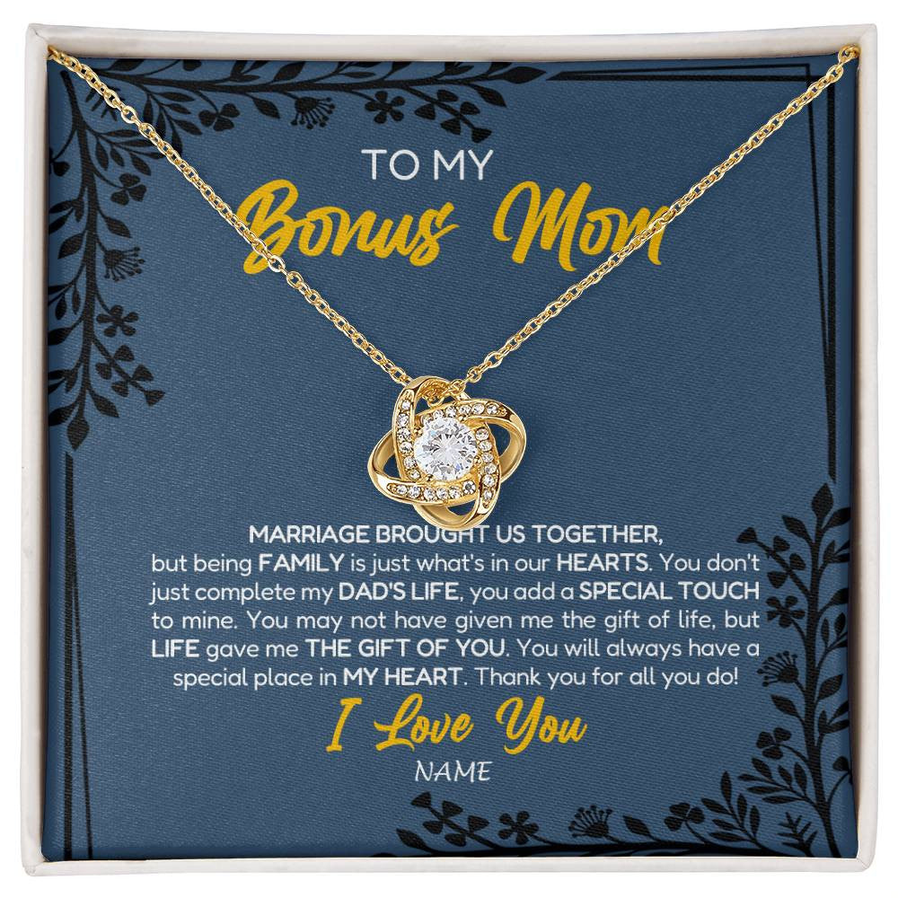 Love Knot Necklace 18K Yellow Gold Finish | Personalized To My Bonus Mom Necklace From Daughter Stepmom Jewelry Birthday Mothers Day Christmas Customized Box Message Card | teecentury