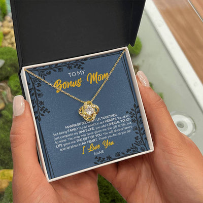 Love Knot Necklace 18K Yellow Gold Finish | Personalized To My Bonus Mom Necklace From Daughter Stepmom Jewelry Birthday Mothers Day Christmas Customized Box Message Card | teecentury