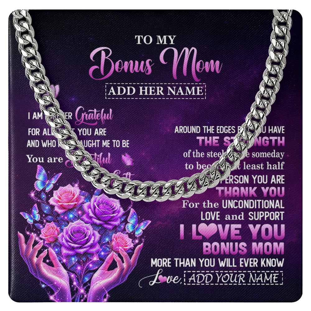 Cuban Link Chain Necklace Stainless Steel | 1 | Personalized To My Bonus Mom Necklace From Daughter Thank You For Love Butterfly Stepmom Birthday Mothers Day Christmas Custom Gift Box Message Card | https://teecentury.