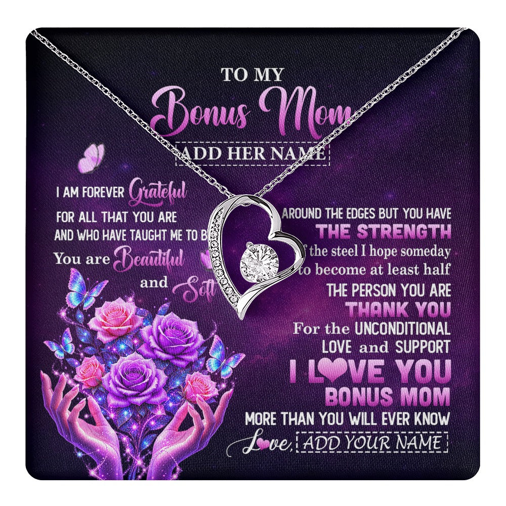 Forever Love Necklace 14K White Gold Finish | 1 | Personalized To My Bonus Mom Necklace From Daughter Thank You For Love Butterfly Stepmom Birthday Mothers Day Christmas Custom Gift Box Message Card | https://teecentury.