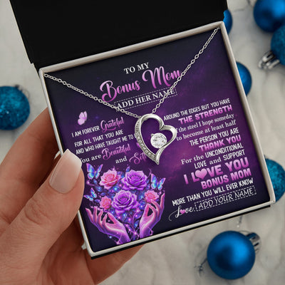 Forever Love Necklace 14K White Gold Finish | 2 | Personalized To My Bonus Mom Necklace From Daughter Thank You For Love Butterfly Stepmom Birthday Mothers Day Christmas Custom Gift Box Message Card | https://teecentury.