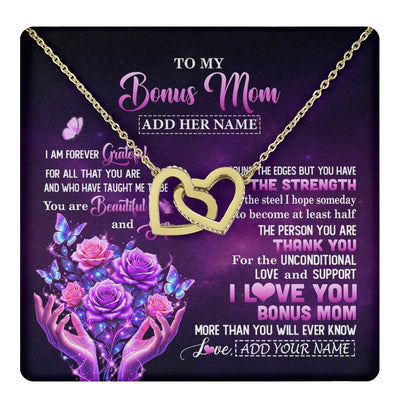 Interlocking Hearts Necklace 18K Yellow Gold Finish | 1 | Personalized To My Bonus Mom Necklace From Daughter Thank You For Love Butterfly Stepmom Birthday Mothers Day Christmas Custom Gift Box Message Card | https://teecentury.