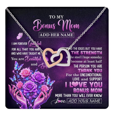 Interlocking Hearts Necklace Stainless Steel & Rose Gold Finish | 1 | Personalized To My Bonus Mom Necklace From Daughter Thank You For Love Butterfly Stepmom Birthday Mothers Day Christmas Custom Gift Box Message Card | https://teecentury.
