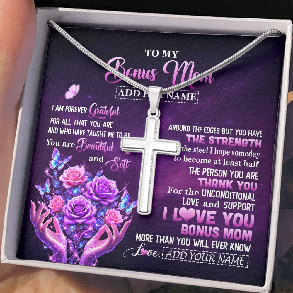 Stainless Cross Necklace Stainless Steel | 2 | Personalized To My Bonus Mom Necklace From Daughter Thank You For Love Butterfly Stepmom Birthday Mothers Day Christmas Custom Gift Box Message Card | https://teecentury.