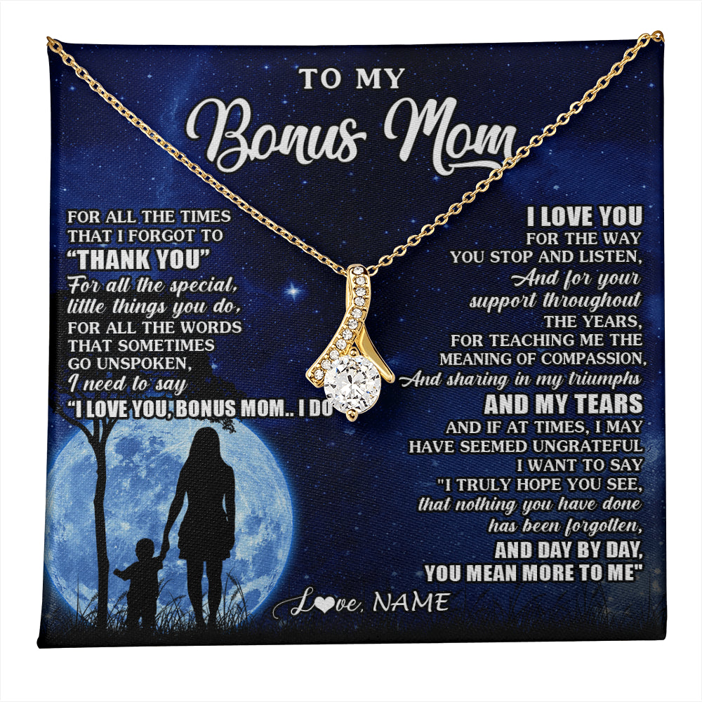 Alluring Beauty Necklace 18K Yellow Gold Finish | 1 | Personalized To My Bonus Mom Necklace From Step Daughter Son Thank You Grateful Love Stepmom Birthday Mothers Day Christmas Customized Gift Box Message Card | teecentury