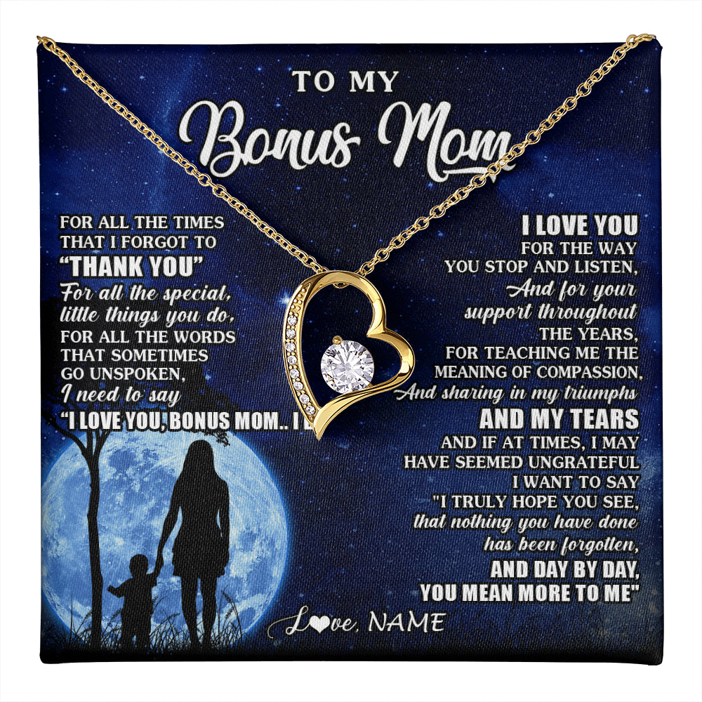 Forever Love Necklace 18K Yellow Gold Finish | 1 | Personalized To My Bonus Mom Necklace From Step Daughter Son Thank You Grateful Love Stepmom Birthday Mothers Day Christmas Customized Gift Box Message Card | teecentury