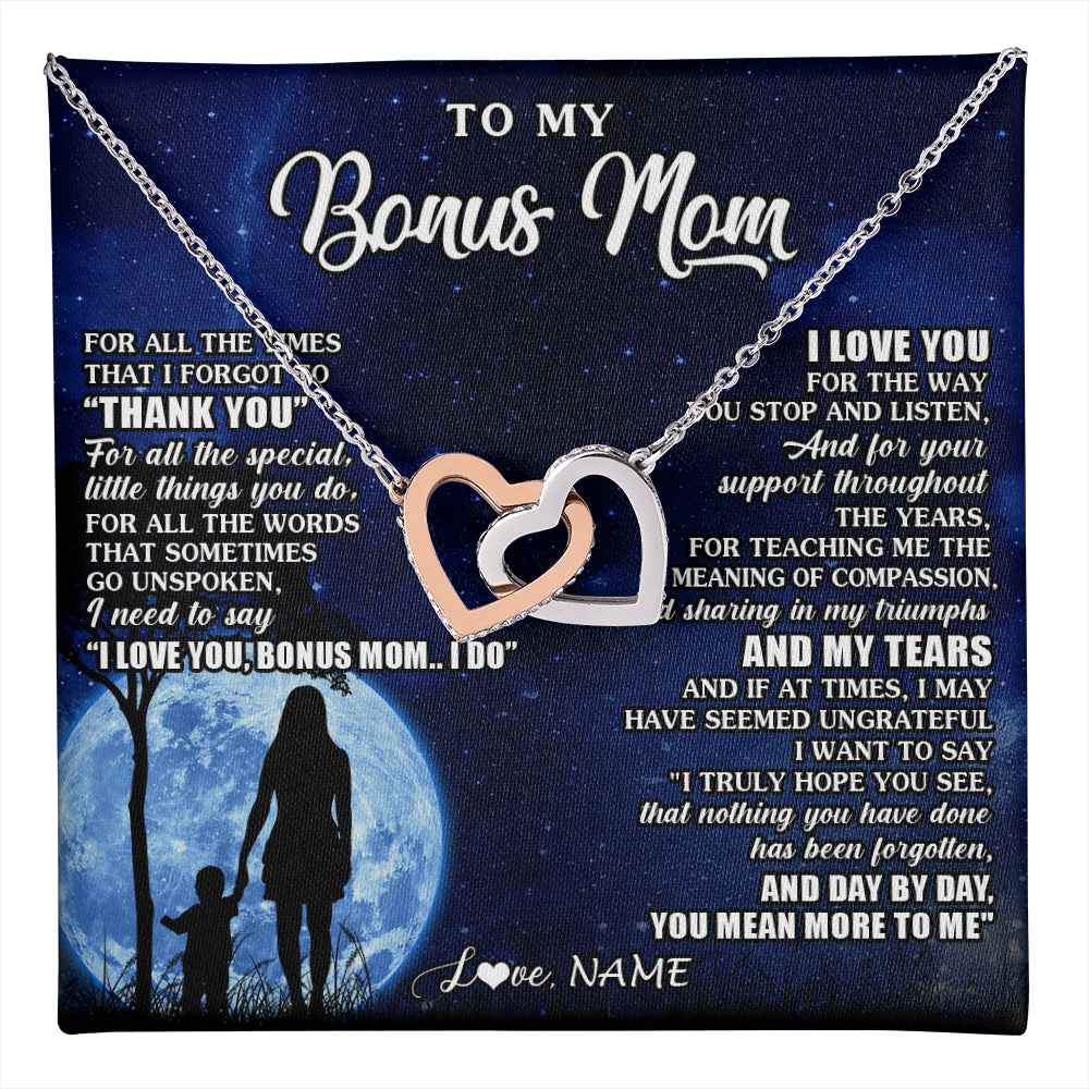 Interlocking Hearts Necklace Stainless Steel & Rose Gold Finish | 1 | Personalized To My Bonus Mom Necklace From Step Daughter Son Thank You Grateful Love Stepmom Birthday Mothers Day Christmas Customized Gift Box Message Card | teecentury