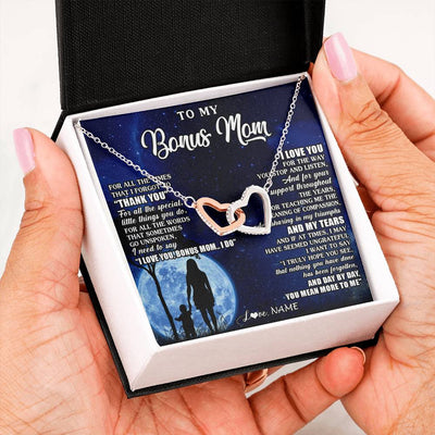 Interlocking Hearts Necklace Stainless Steel & Rose Gold Finish | 2 | Personalized To My Bonus Mom Necklace From Step Daughter Son Thank You Grateful Love Stepmom Birthday Mothers Day Christmas Customized Gift Box Message Card | teecentury