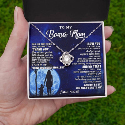 Love Knot Necklace 14K White Gold Finish | 2 | Personalized To My Bonus Mom Necklace From Step Daughter Son Thank You Grateful Love Stepmom Birthday Mothers Day Christmas Customized Gift Box Message Card | teecentury