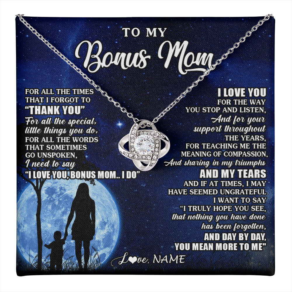 Love Knot Necklace 14K White Gold Finish | 1 | Personalized To My Bonus Mom Necklace From Step Daughter Son Thank You Grateful Love Stepmom Birthday Mothers Day Christmas Customized Gift Box Message Card | teecentury