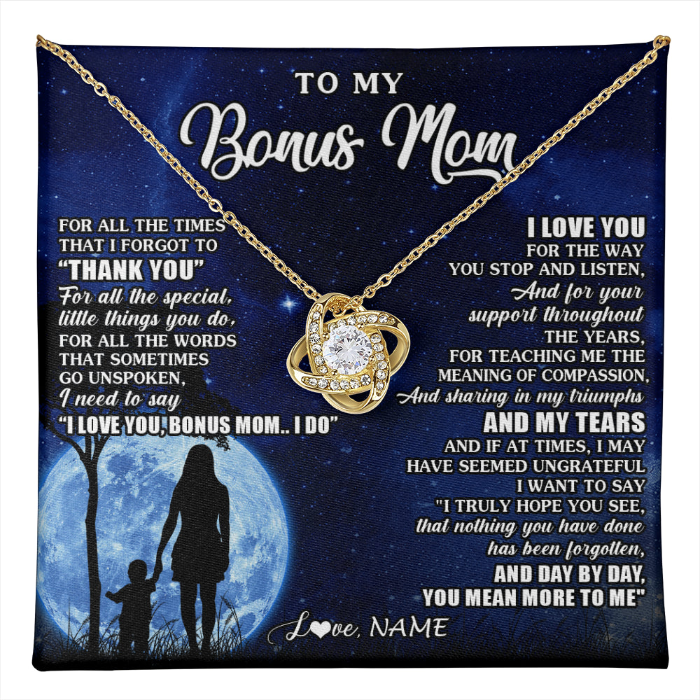 Love Knot Necklace 18K Yellow Gold Finish | 1 | Personalized To My Bonus Mom Necklace From Step Daughter Son Thank You Grateful Love Stepmom Birthday Mothers Day Christmas Customized Gift Box Message Card | teecentury