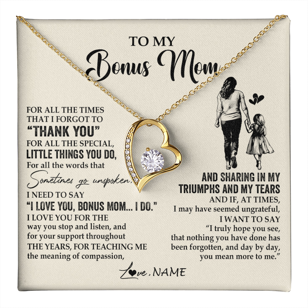 Forever Love Necklace 18K Yellow Gold Finish | 1 | Personalized To My Bonus Mom Necklace From Stepdaughter For All The Times That I Forgot To Thank You Birthday Mothers Day Customized Gift Box Message Card | teecentury