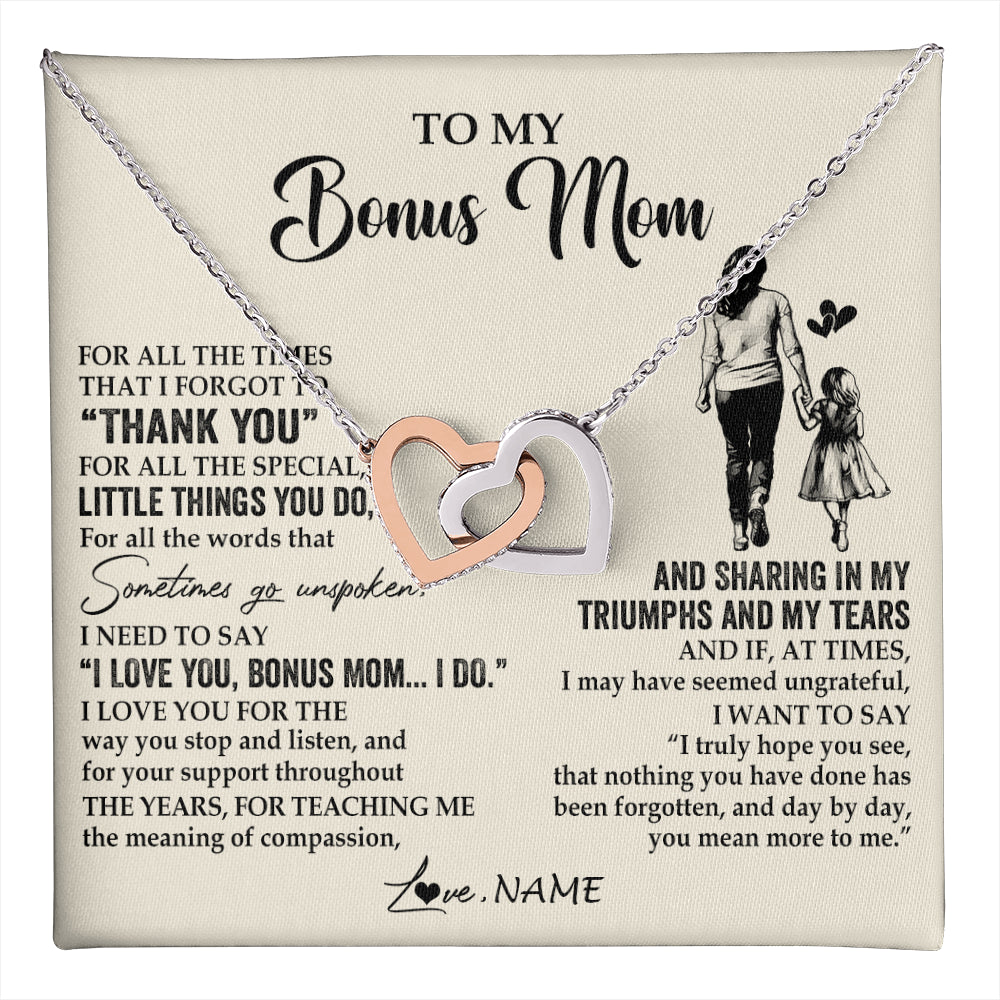 Interlocking Hearts Necklace Stainless Steel & Rose Gold Finish | 1 | Personalized To My Bonus Mom Necklace From Stepdaughter For All The Times That I Forgot To Thank You Birthday Mothers Day Customized Gift Box Message Card | teecentury