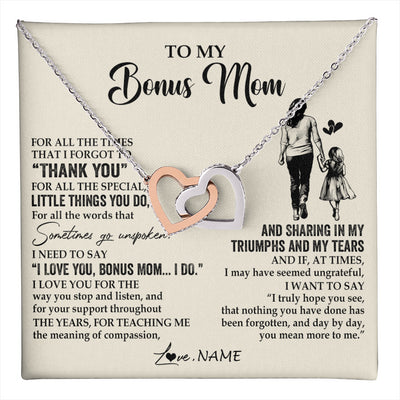 Interlocking Hearts Necklace Stainless Steel & Rose Gold Finish | 1 | Personalized To My Bonus Mom Necklace From Stepdaughter For All The Times That I Forgot To Thank You Birthday Mothers Day Customized Gift Box Message Card | teecentury