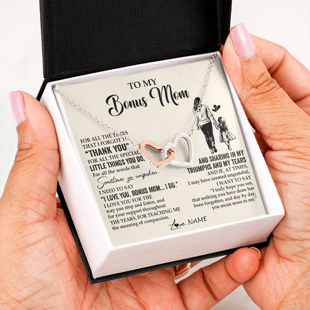 Interlocking Hearts Necklace Stainless Steel & Rose Gold Finish | 2 | Personalized To My Bonus Mom Necklace From Stepdaughter For All The Times That I Forgot To Thank You Birthday Mothers Day Customized Gift Box Message Card | teecentury