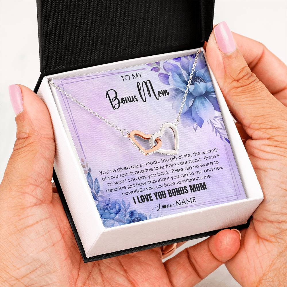 Interlocking Hearts Necklace Stainless Steel & Rose Gold Finish | 2 | Personalized To My Bonus Mom Necklace From Stepdaughter Stepson I Love You Stepmom Birthday Gifts Mothers Day Christmas Jewelry Customized Gift Box Message Card | teecentury