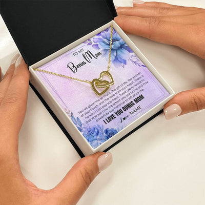 Interlocking Hearts Necklace 18K Yellow Gold Finish | 2 | Personalized To My Bonus Mom Necklace From Stepdaughter Stepson I Love You Stepmom Birthday Gifts Mothers Day Christmas Jewelry Customized Gift Box Message Card | teecentury