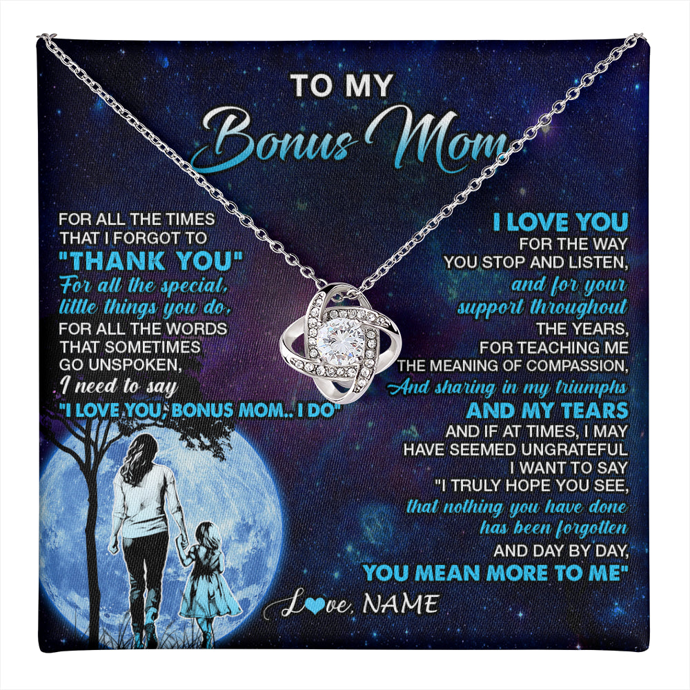 Love Knot Necklace 14K White Gold Finish | 1 | Personalized To My Bonus Mom Necklace From Stepdaughter Thank You Day By Day Stepmom Birthday Gifts Mothers Day Christmas Customized Gift Box Message Card | teecentury