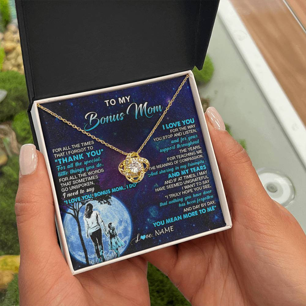 Love Knot Necklace 18K Yellow Gold Finish | 2 | Personalized To My Bonus Mom Necklace From Stepdaughter Thank You Day By Day Stepmom Birthday Gifts Mothers Day Christmas Customized Gift Box Message Card | teecentury