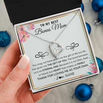Forever Love Necklace 14K White Gold Finish | 2 | Personalized To My Bonus Mom Necklace From Stepdaughter Thank You For Loving Stepmom Jewelry Pendant Birthday Gifts Christmas Customized Gift Box Message Card | teecentury
