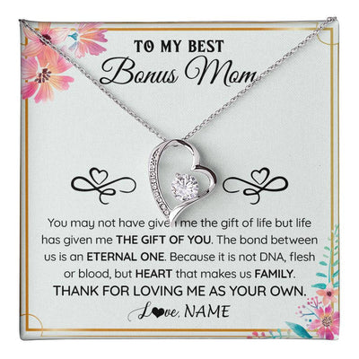 Forever Love Necklace 14K White Gold Finish | 1 | Personalized To My Bonus Mom Necklace From Stepdaughter Thank You For Loving Stepmom Jewelry Pendant Birthday Gifts Christmas Customized Gift Box Message Card | teecentury